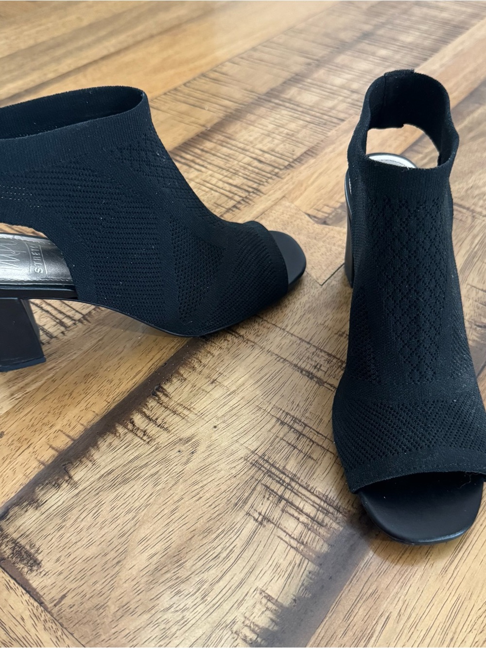 Black Knit Open-Toe Block Heel ankle boot- Women's